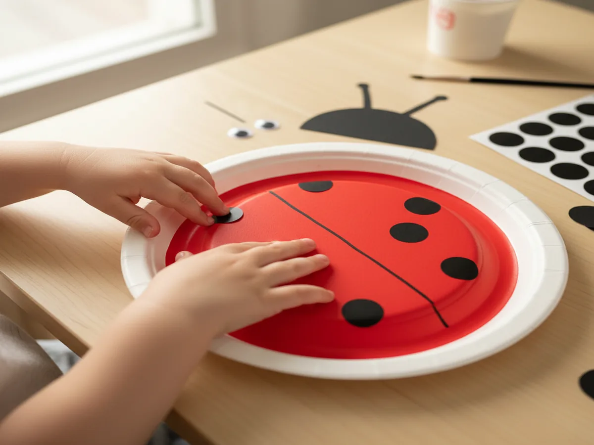 A toddler sticking pre-cut black construction paper circles onto the red paper plate wings as spots