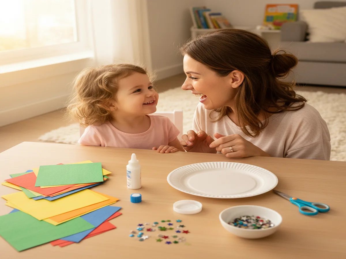 A mom and young child sitting together at a craft table, excited to start making a paper plate rainbow fish