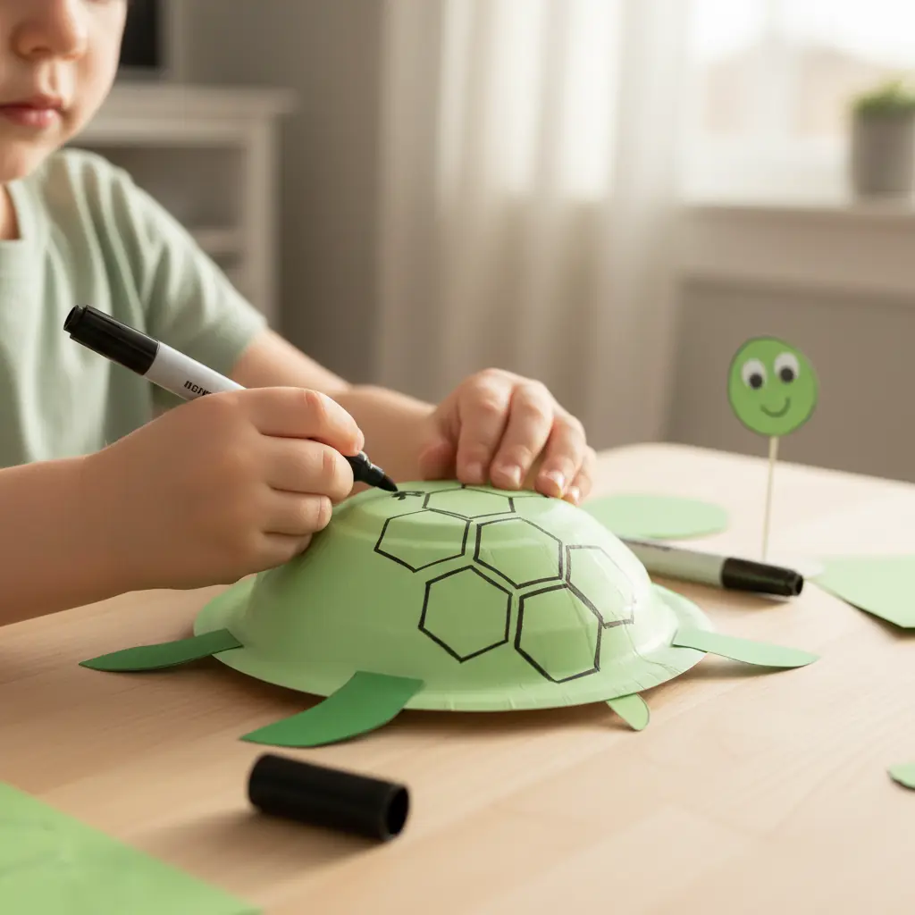 A child cutting out a green construction paper circle for the turtle head and drawing two cute eyes and a smile with ...