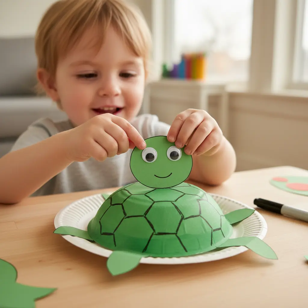 A child gluing the finished turtle head to the front of the paper plate and adding colorful circle stickers or painte...