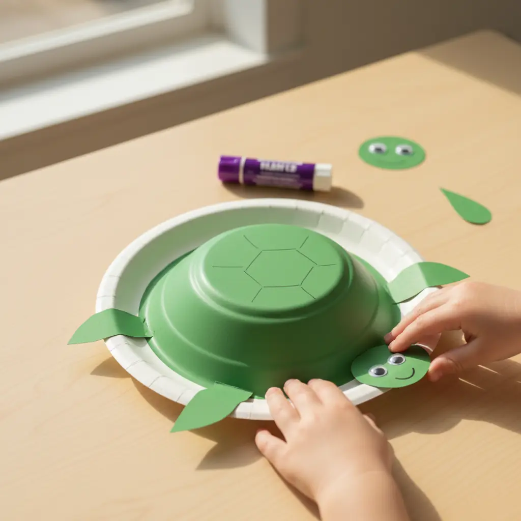 A child gluing the four green paper legs and a small tail along the underside edges of the painted paper plate shell