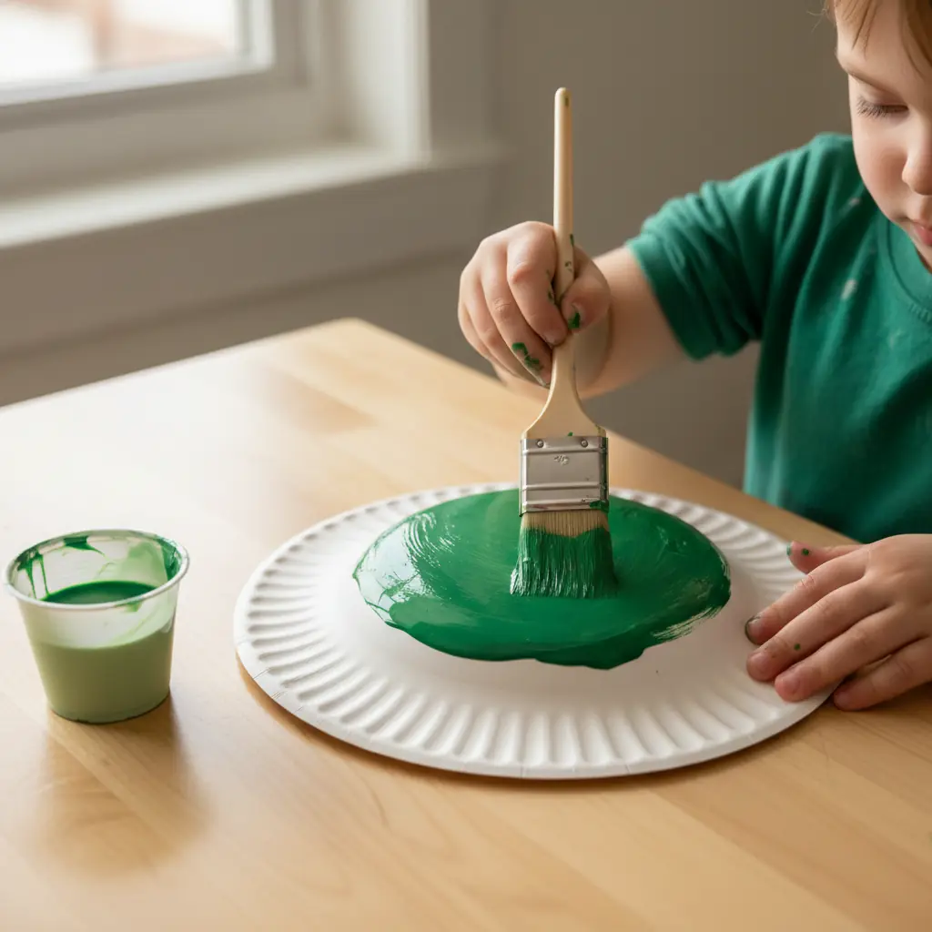 A child painting the bottom of a paper plate green to create the turtle shell, with a few paint colors and a brush on...