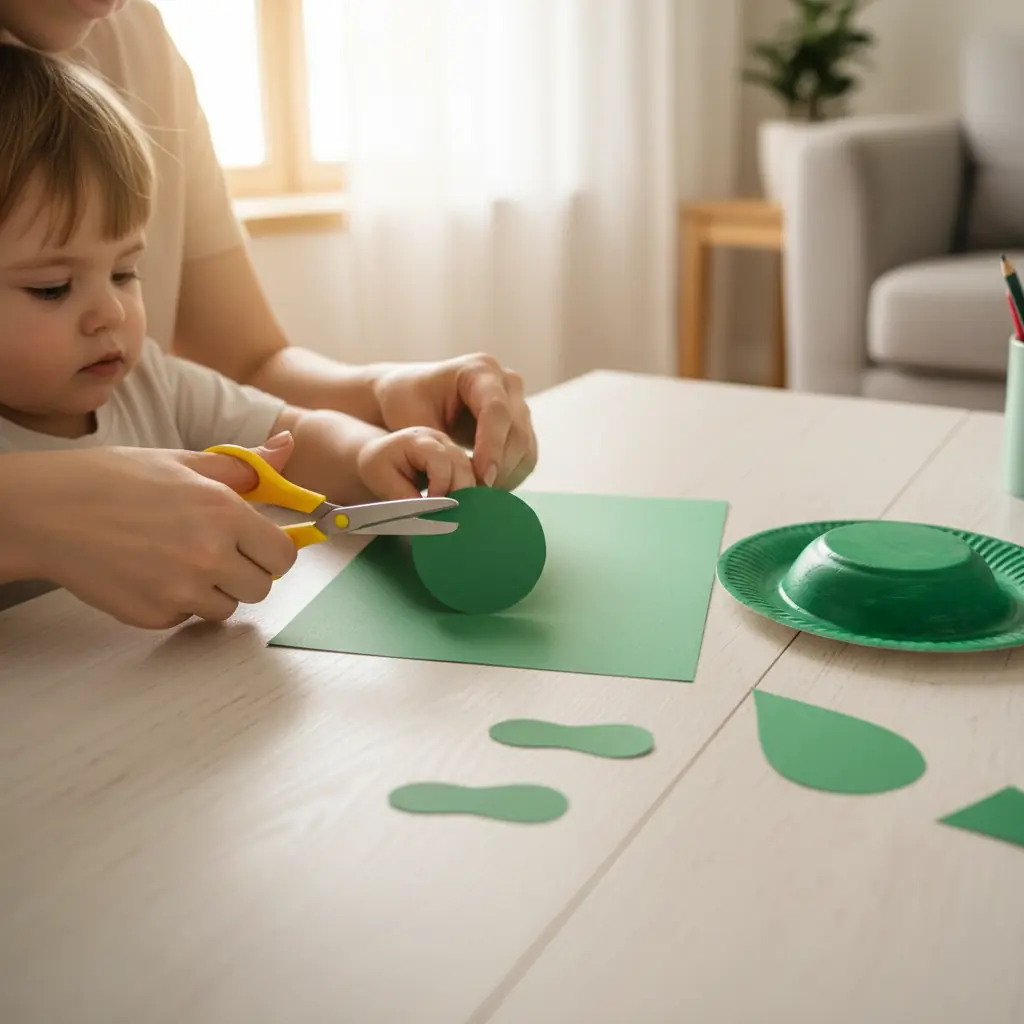 A mom helping a child cut four small leg shapes and one small tail shape from green construction paper using safety s...