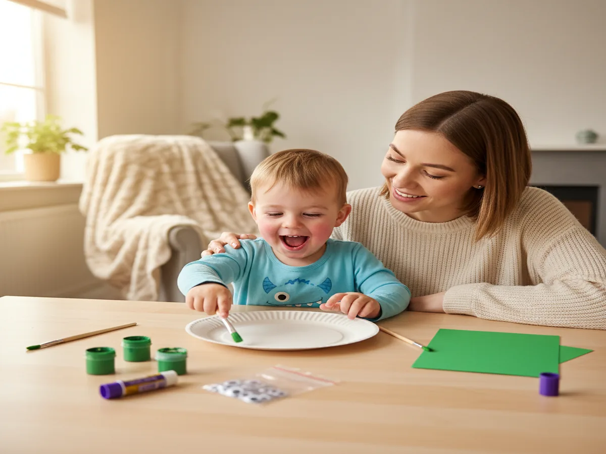 A mom and young child sitting together at a craft table, excited to start making a paper plate turtle craft