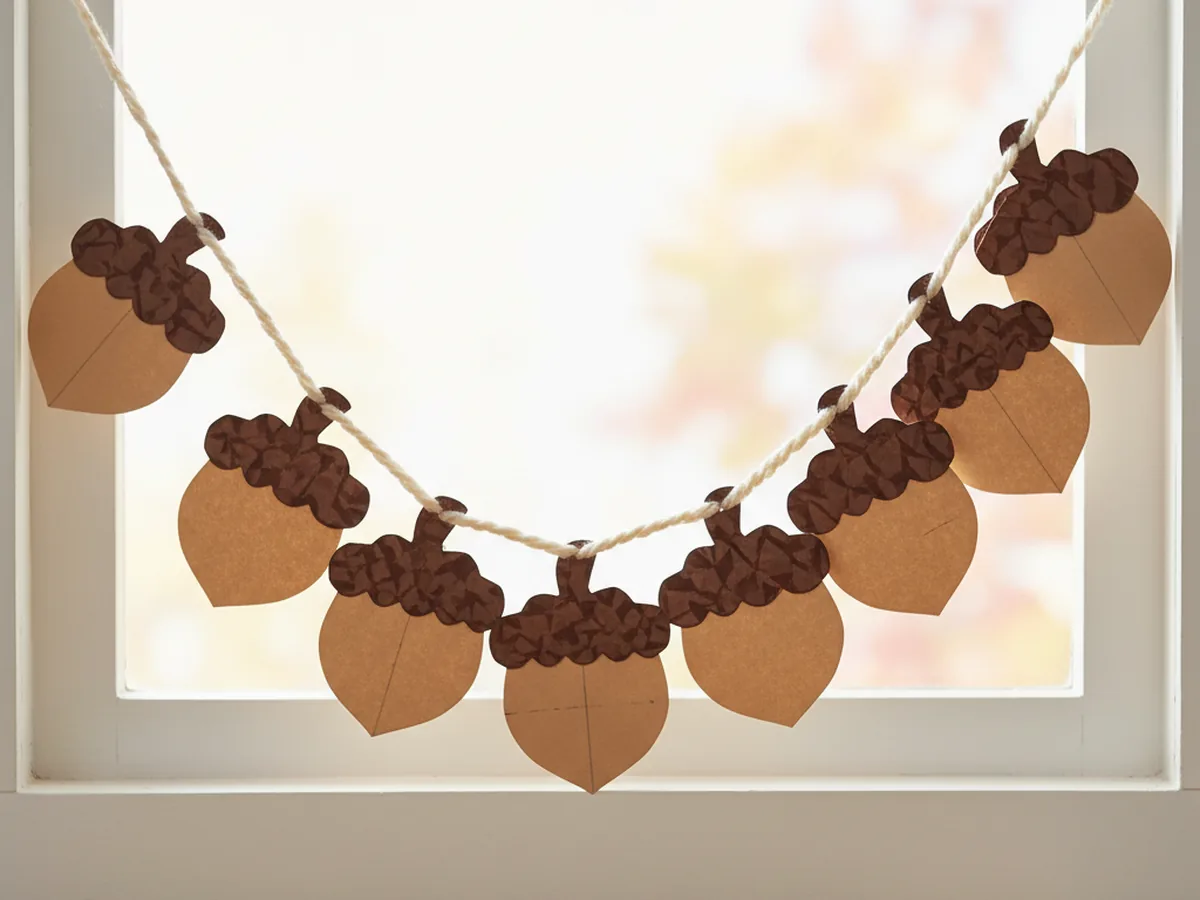 A handmade construction paper acorn garland with brown cap and tan body acorn shapes threaded on a string and draped across a window
