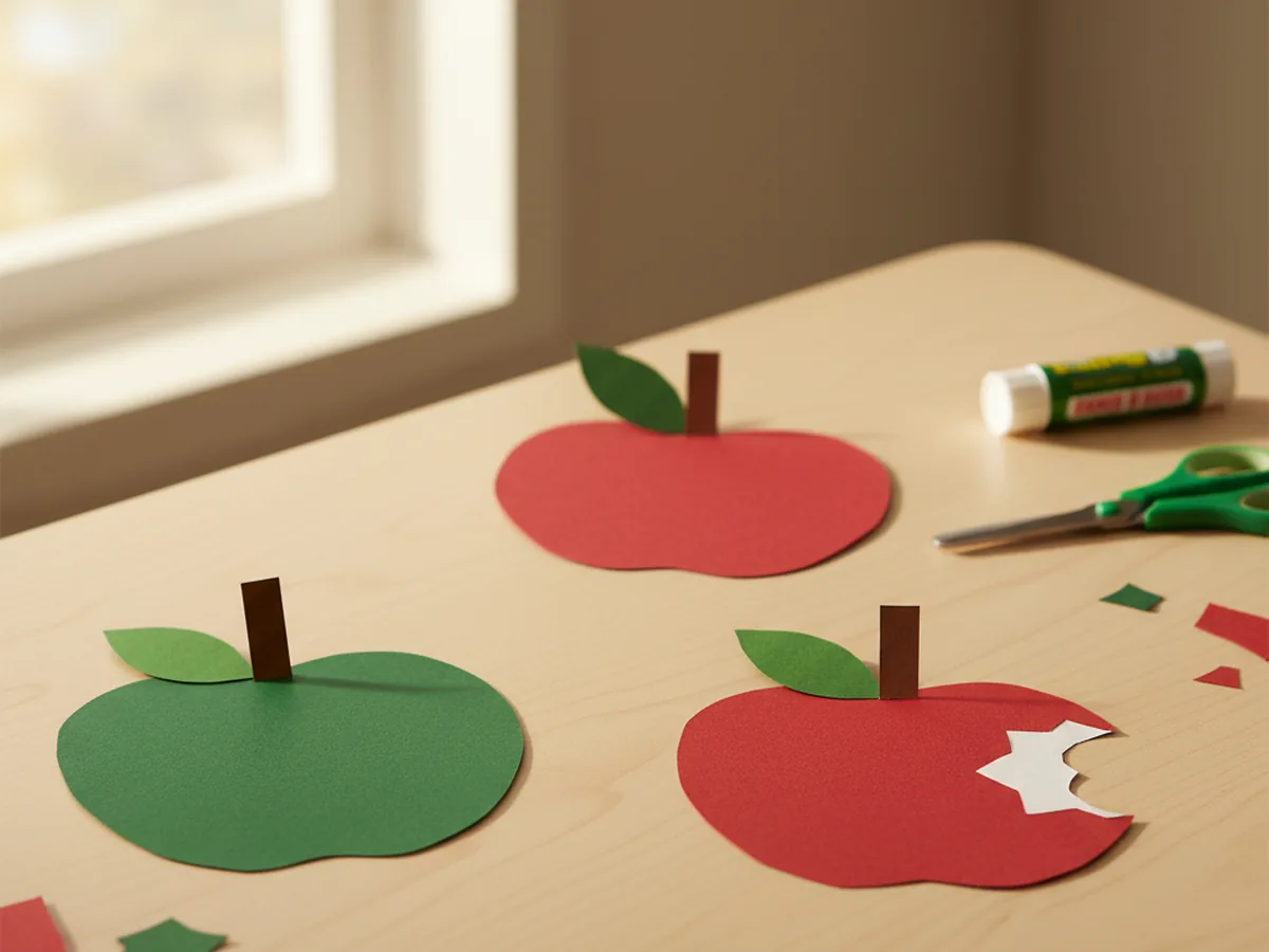 Several handmade construction paper apples in red and green with brown stems and green paper leaves arranged on a wooden craft table