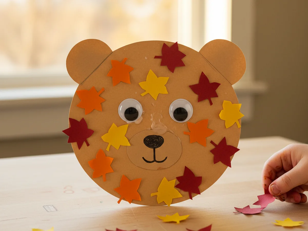 A handmade construction paper bear face with googly eyes surrounded by small orange and red paper autumn leaves on a light background