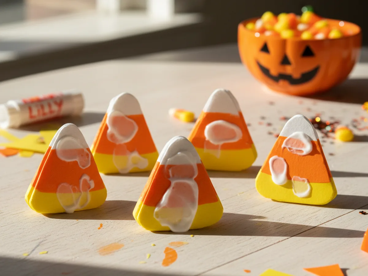 A cluster of handmade construction paper candy corn shapes in white, orange, and yellow triangles arranged on a white craft table