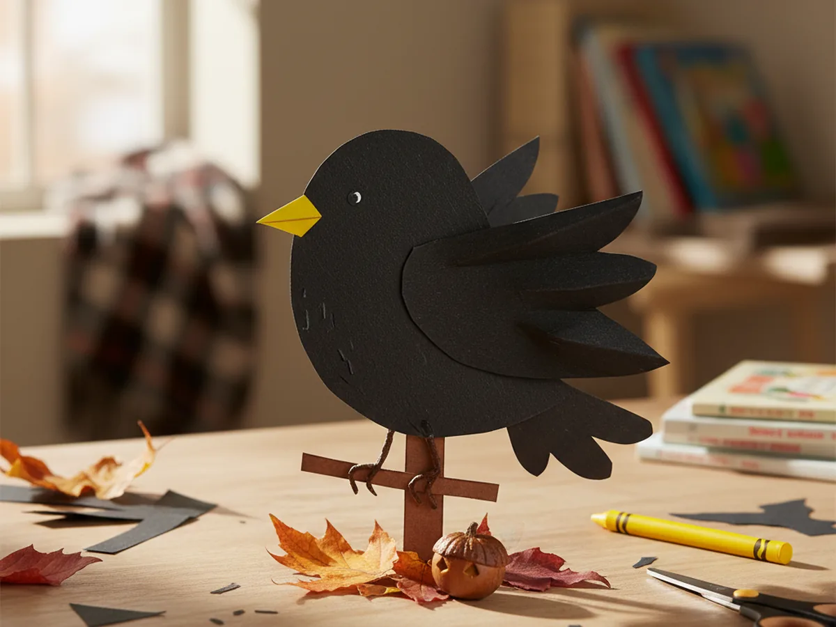 A handmade black construction paper crow with a yellow beak and twig feet perched on a brown paper fence post on a light wood surface
