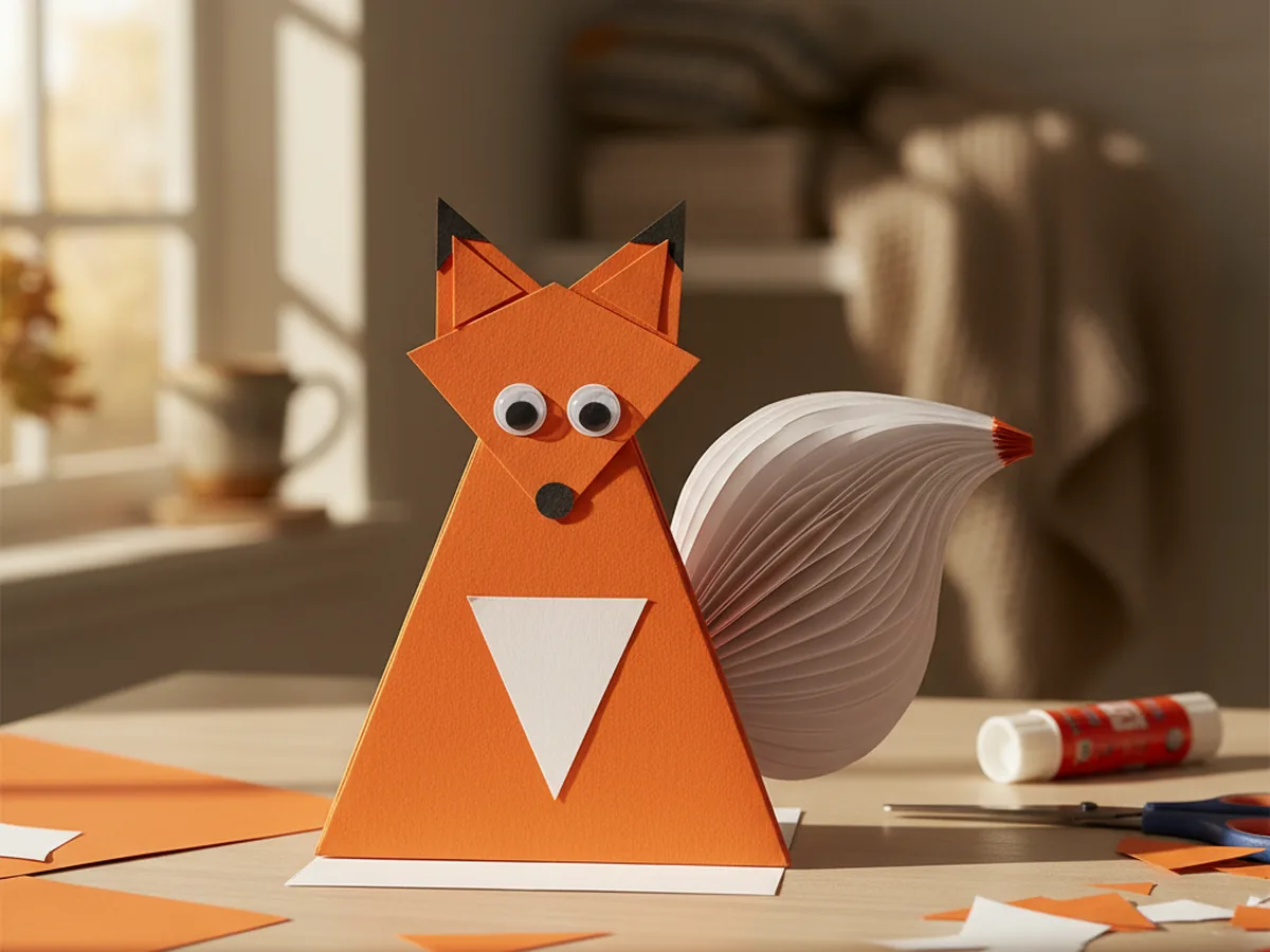 A handmade construction paper fox with an orange triangle body, white belly, black ear tips, and a fluffy white and orange tail on a craft table