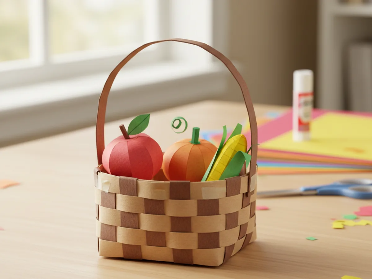 A handmade construction paper harvest basket woven from brown and tan paper strips and filled with small paper fruits and vegetables