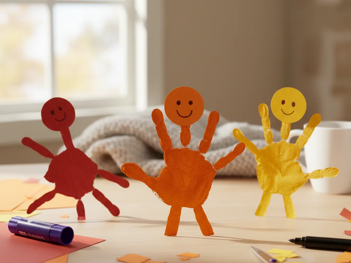 Several handmade construction paper leaf people made from orange and red handprint cutouts with small circle heads and drawn faces on a craft table
