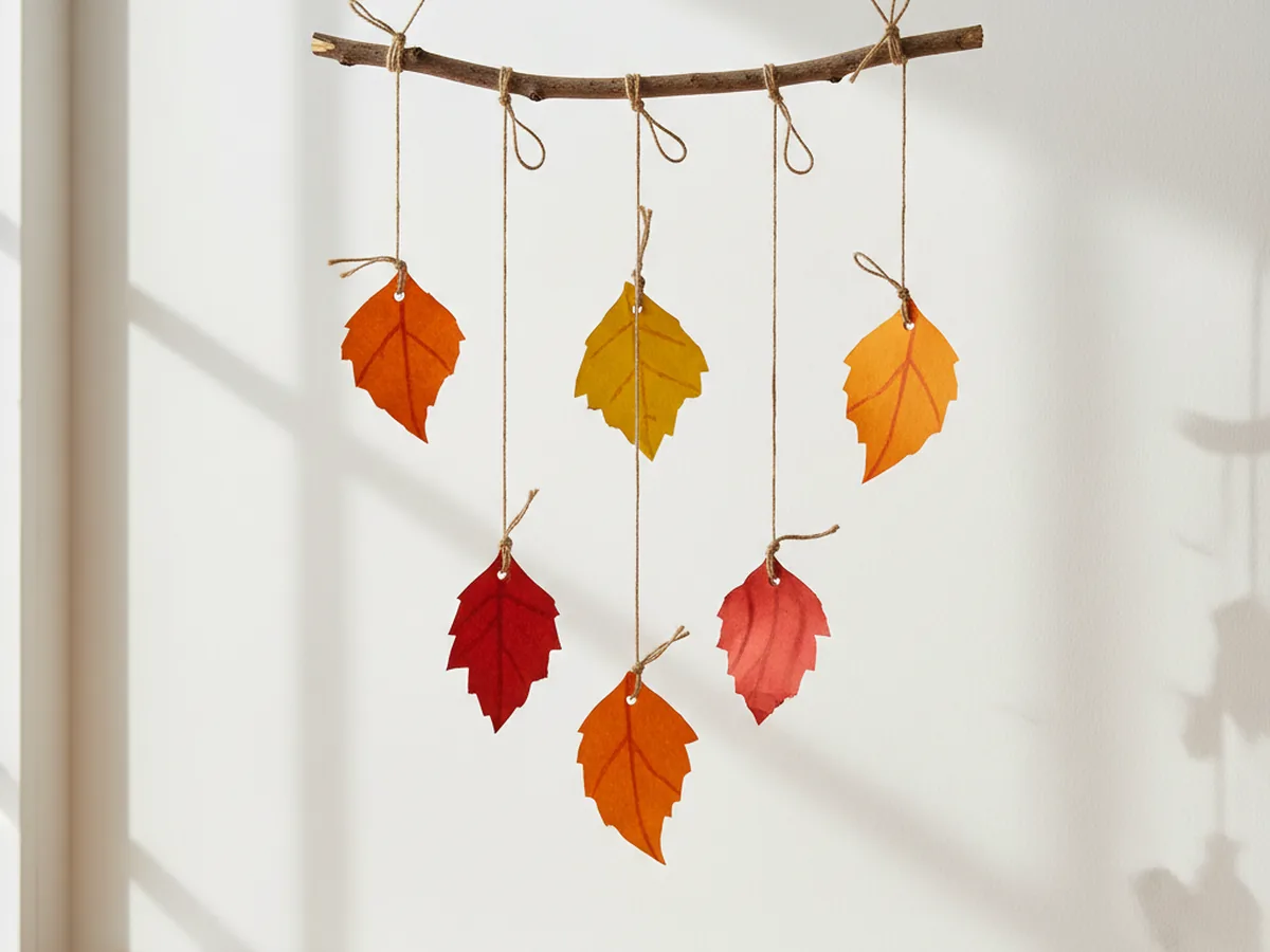 A handmade construction paper falling leaves mobile with orange, red, yellow, and brown paper leaves hanging at different heights from a small wooden twig