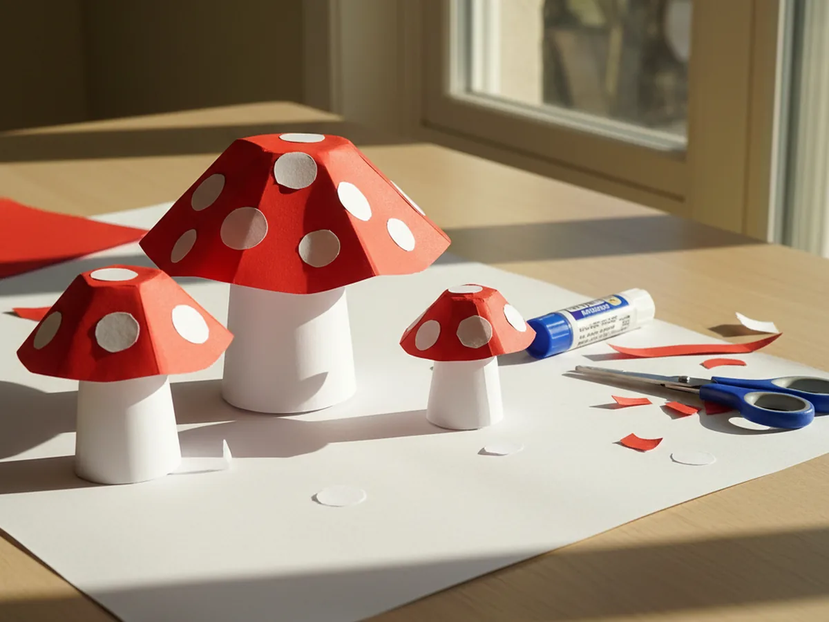 Three handmade construction paper mushrooms with red semicircle caps dotted with white paper circles and white stems on a craft table