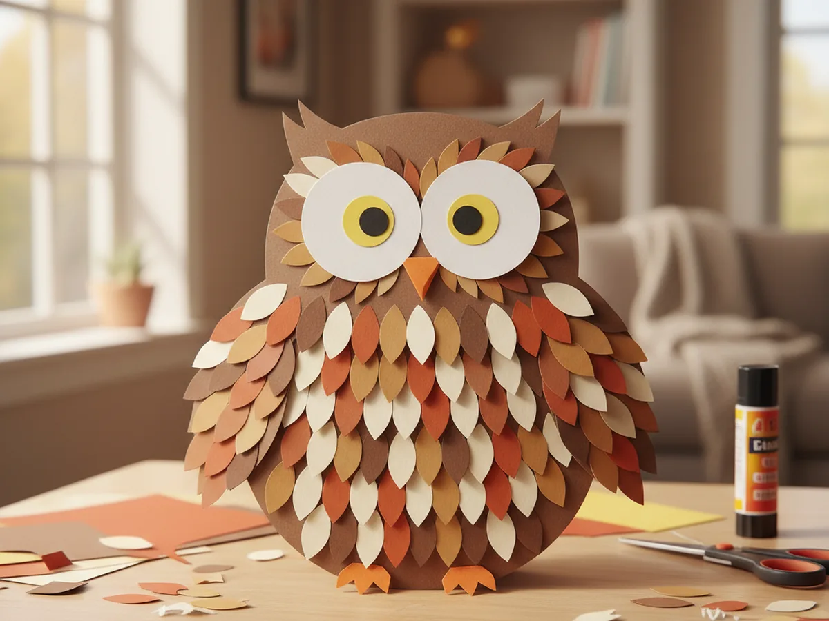 A handmade construction paper owl with layered brown and rust teardrop feather shapes covering its body, large white circle eyes, and an orange beak