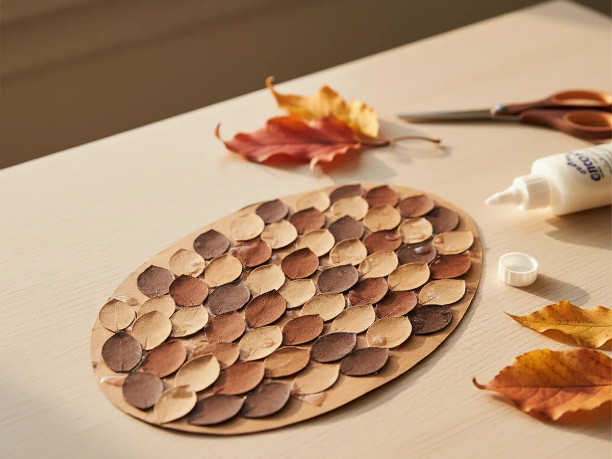 A handmade construction paper pinecone with layered brown and tan teardrop scale shapes glued in overlapping rows on a wooden craft surface
