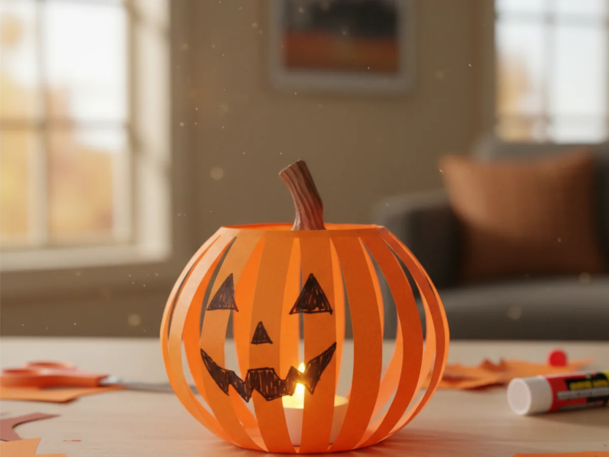 A handmade construction paper pumpkin lantern made from an orange cylinder with cut slits pushed outward to create a round pumpkin shape with a brown stem