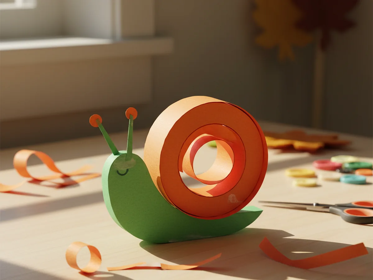 A handmade construction paper snail with a green body and an orange spiral paper shell on a light wood craft table