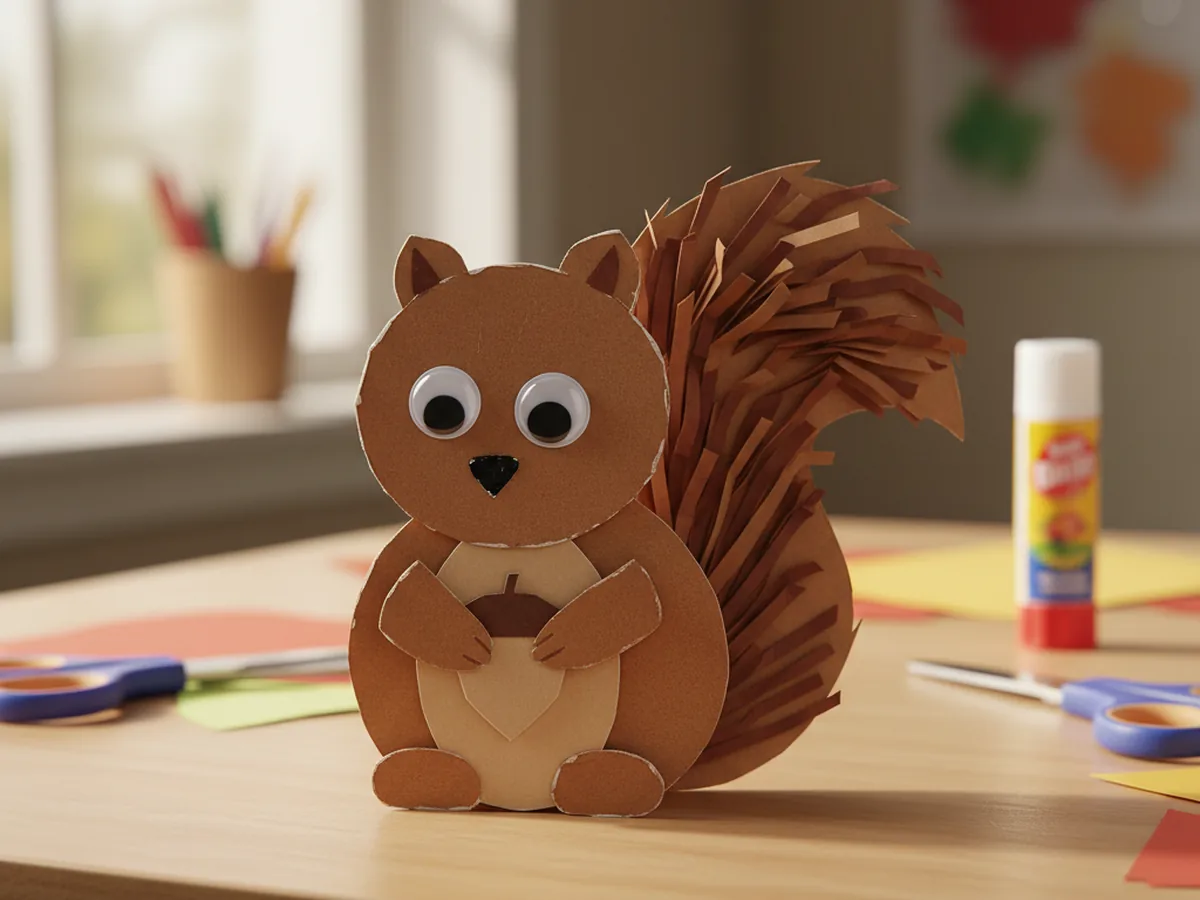 A handmade construction paper squirrel in brown with a bushy tail and googly eyes holding a small paper acorn on a light wood surface