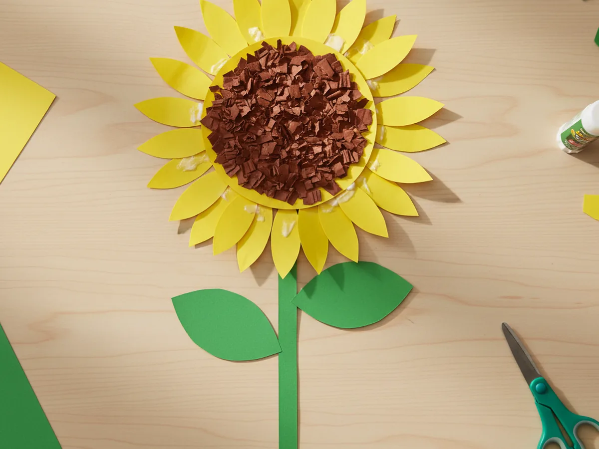 A handmade construction paper sunflower with yellow petals, a brown textured center, a green stem, and two paper leaves on a craft table