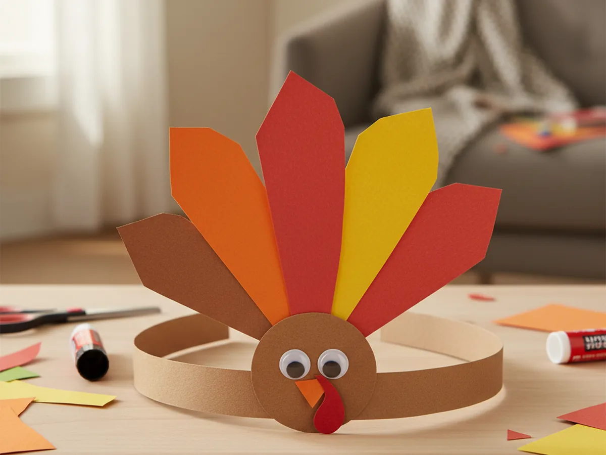 A handmade construction paper turkey headband with colorful paper feathers fanned at the back and a small turkey face at the front on a craft table