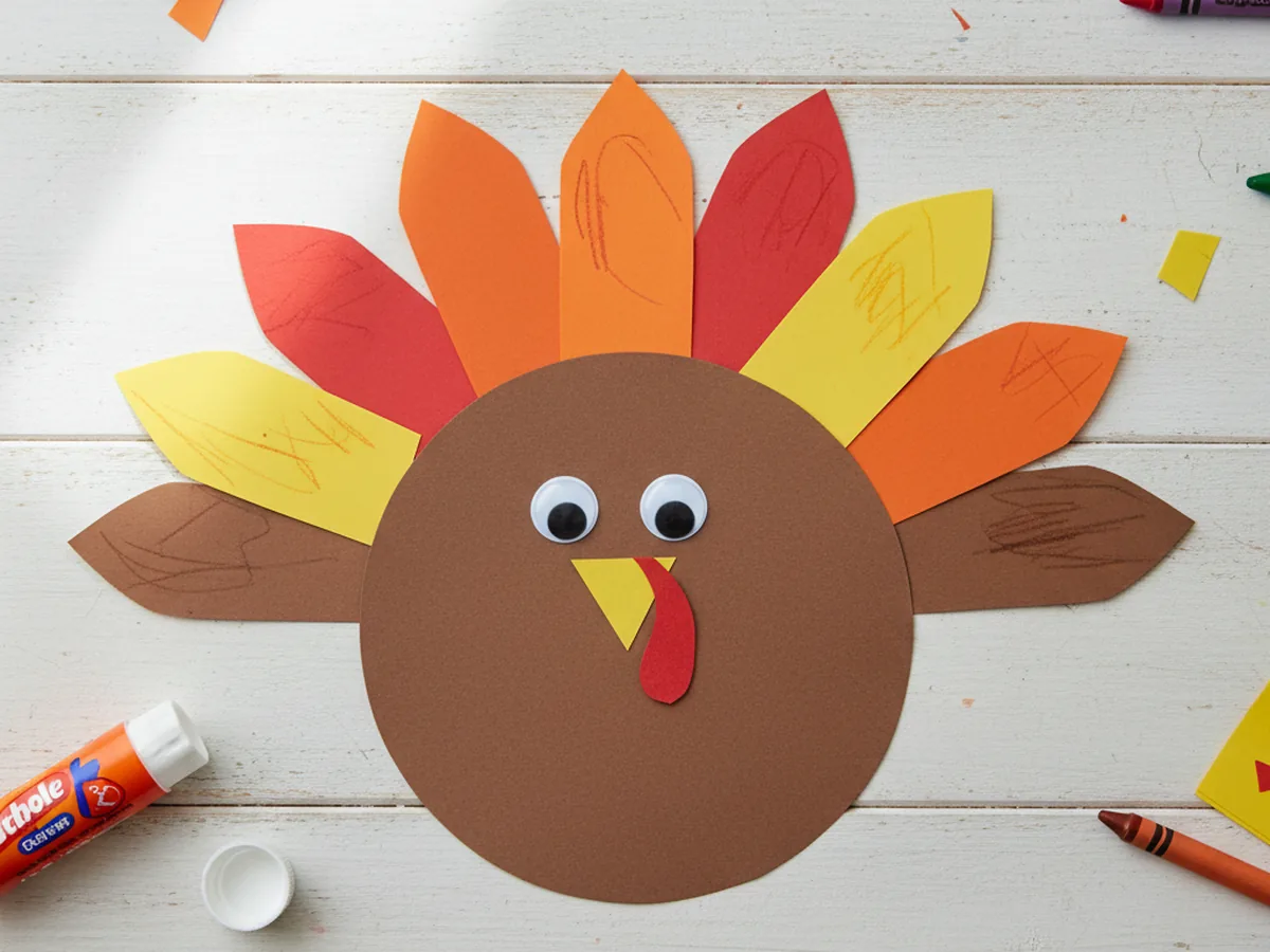 A handmade construction paper turkey with a round brown body and colorful paper feathers in orange, red, yellow, and brown fanned out behind it