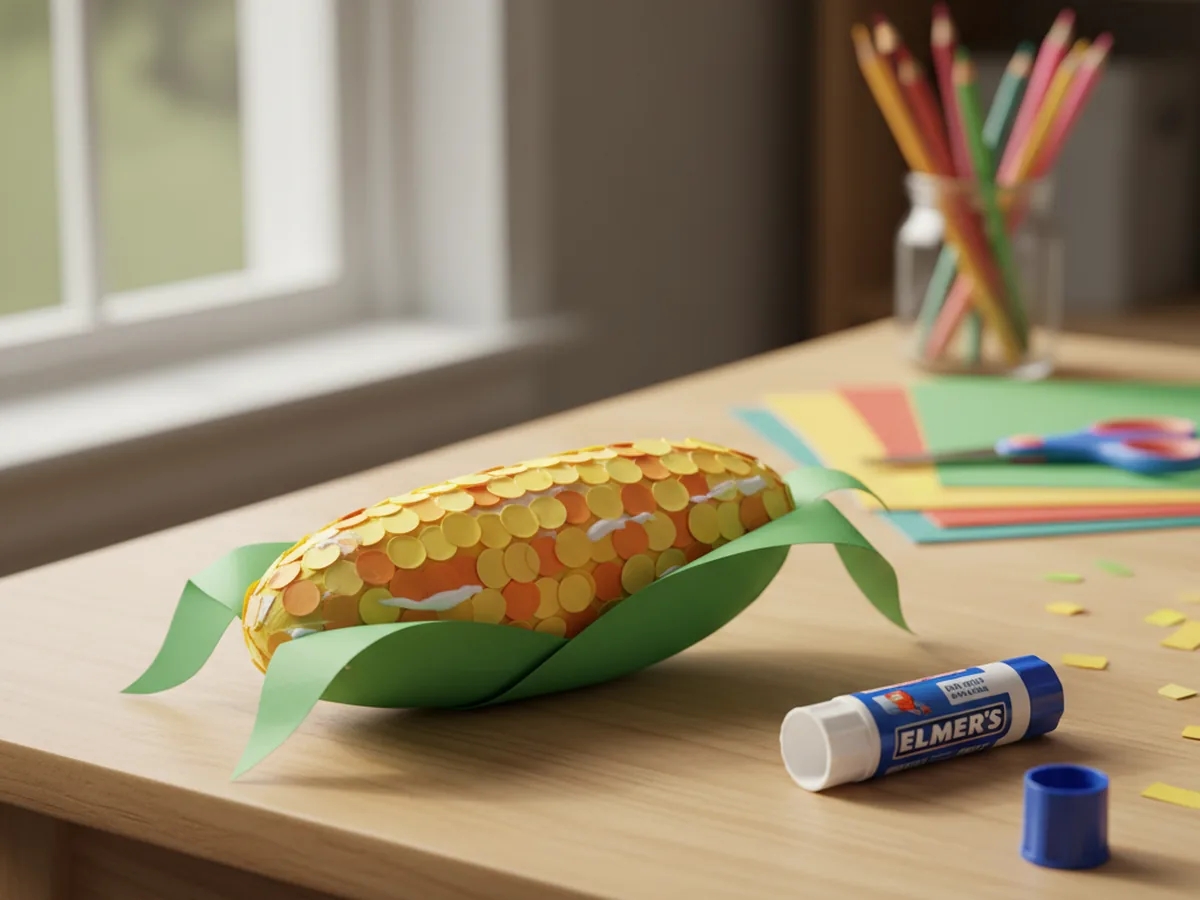 A handmade construction paper corn on the cob with yellow oval kernels glued in rows on a yellow cob shape with green husk pieces
