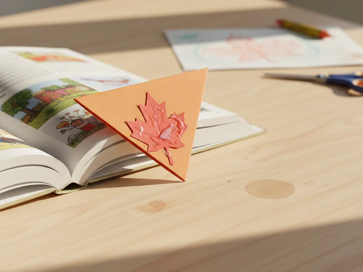 A handmade construction paper corner bookmark in orange with a red maple leaf shape on the front, slipped over the corner of an open book