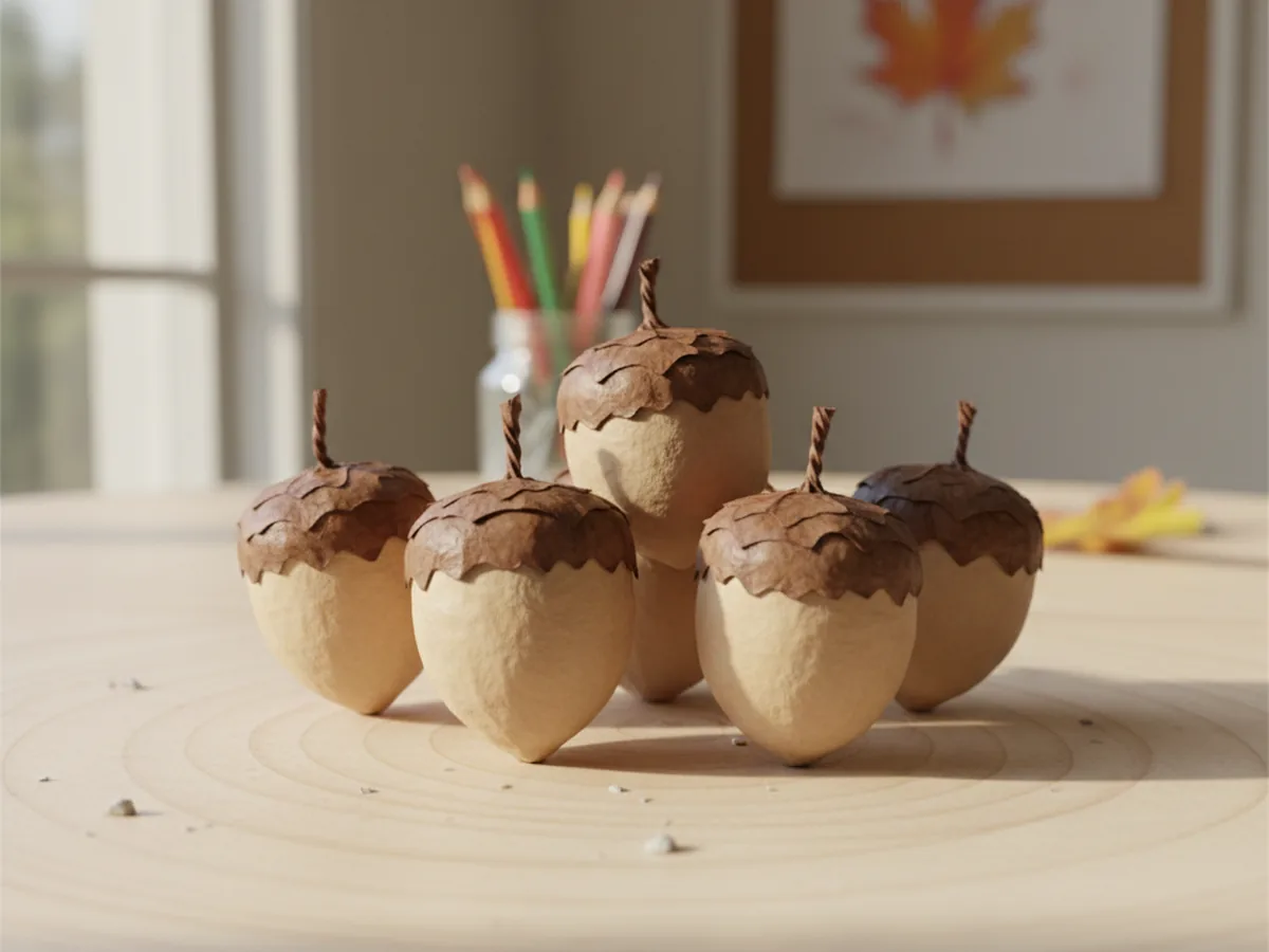 Several handmade paper acorns in light and dark brown cardstock with twisted paper stems arranged on a wooden surface