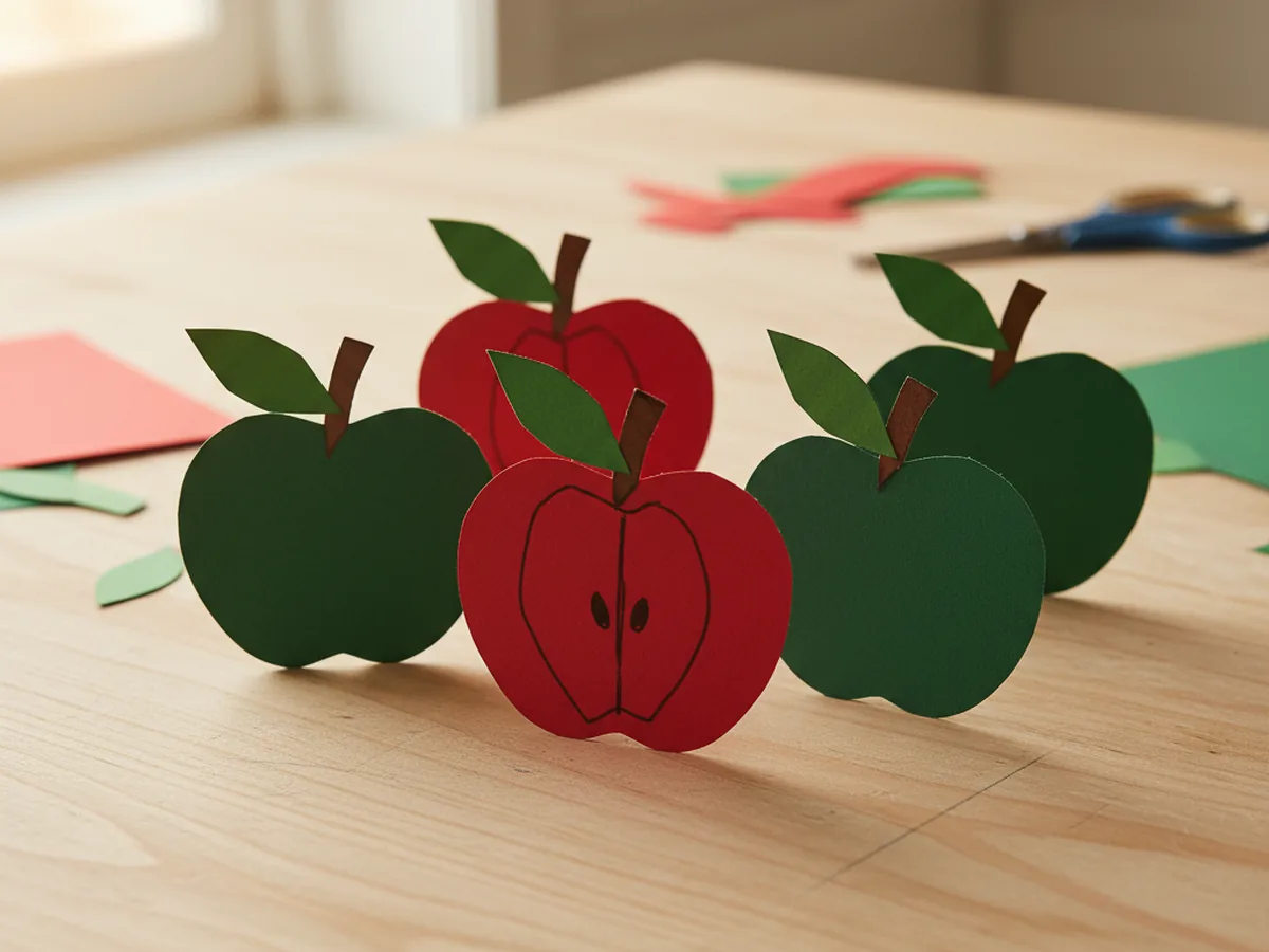 Several handmade paper apple crafts in red and green cardstock with brown stems and green paper leaves on a wooden craft table