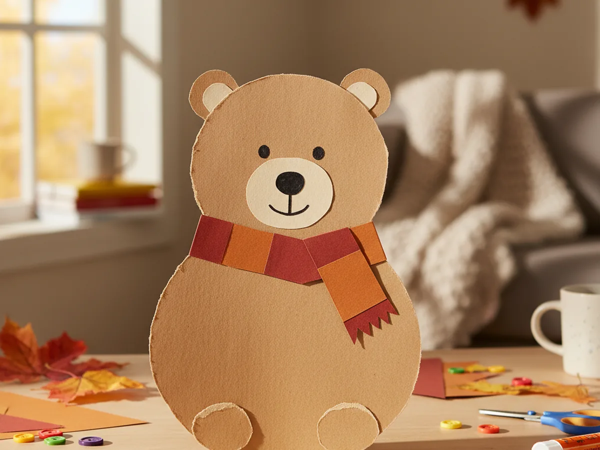 A handmade paper bear craft in light brown paper with a cream muzzle, black nose, and a small orange paper scarf on a cozy craft table