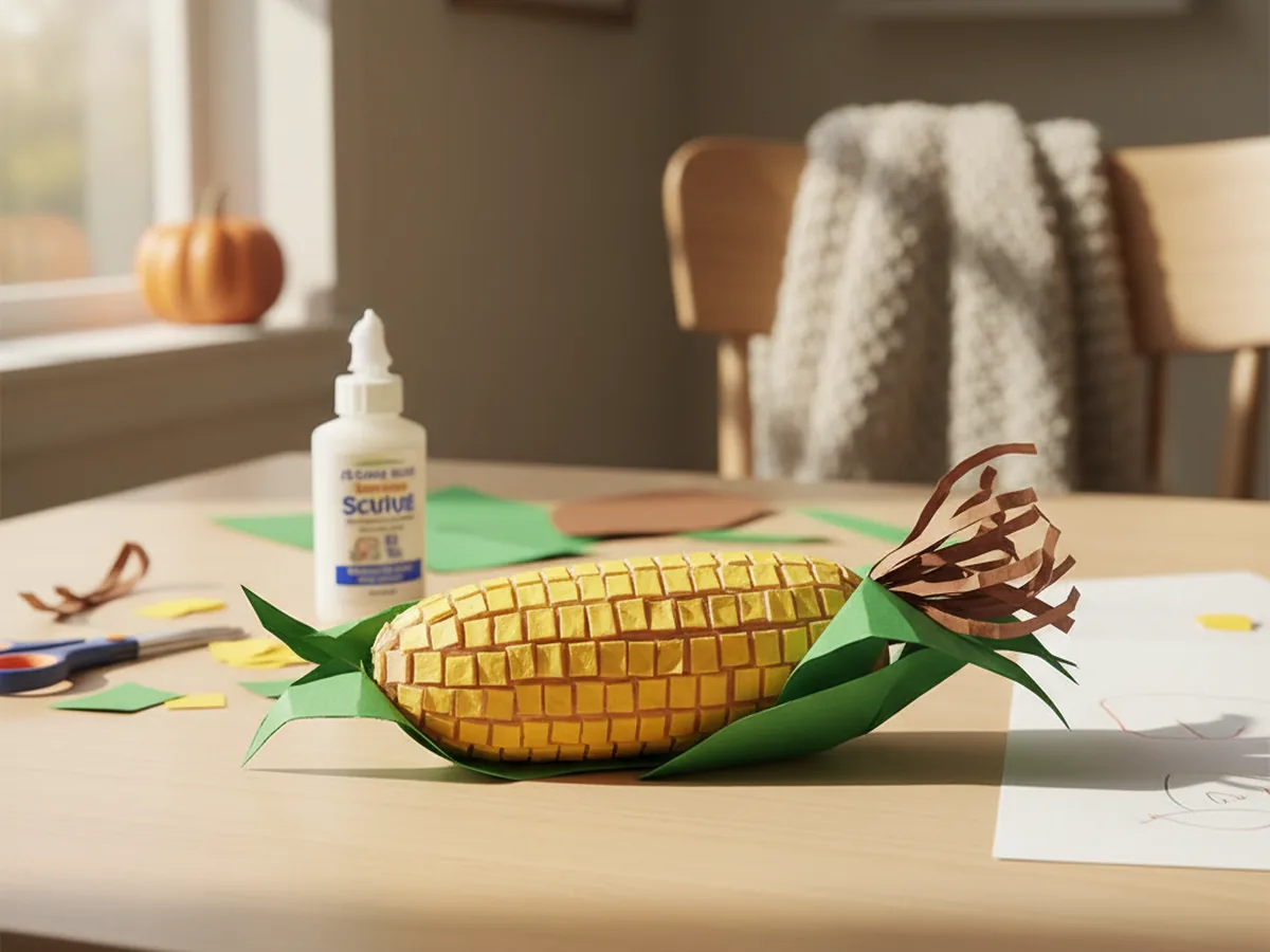 A handmade paper corn on the cob craft with yellow paper kernel squares, green husk, and brown paper silk on a craft table