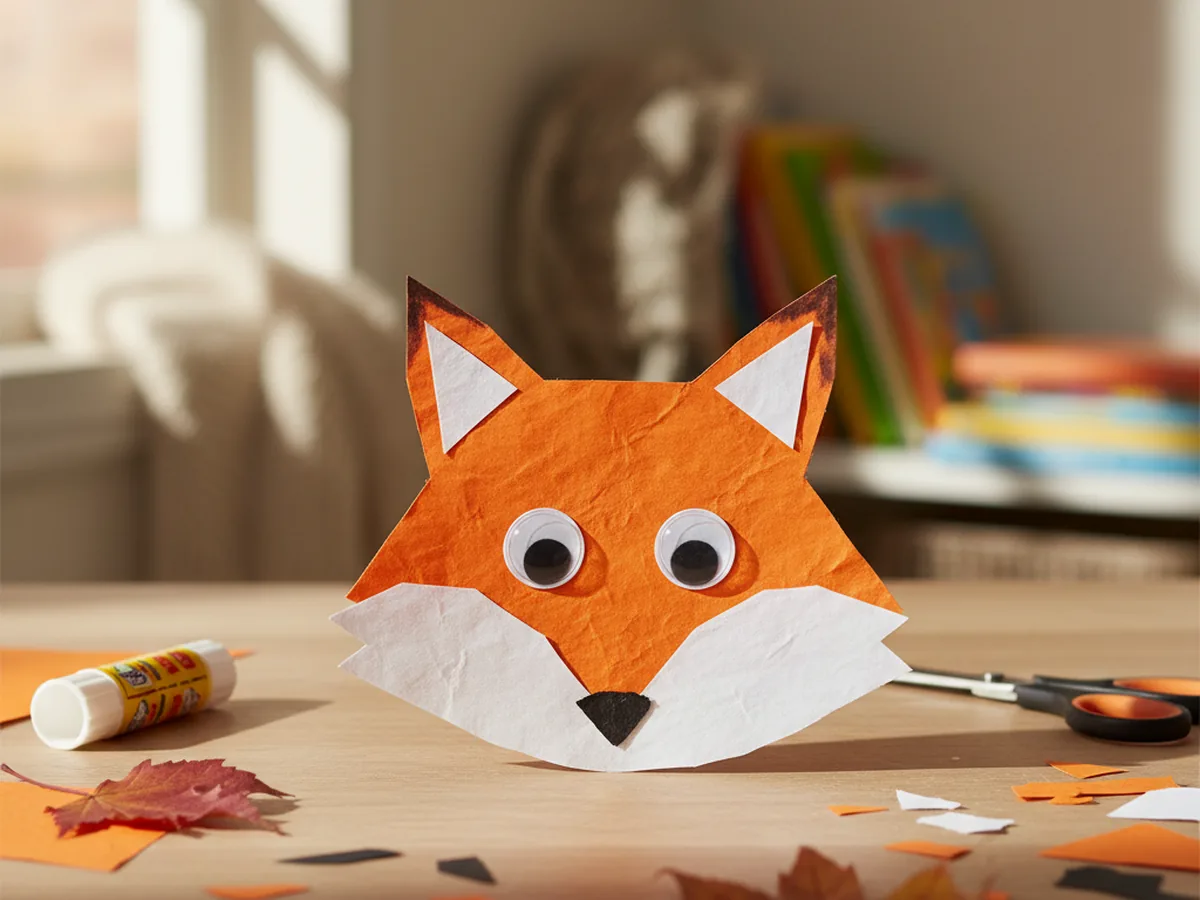 A handmade paper fox craft with an orange triangle head, white muzzle, small black nose, and googly eyes on a craft table