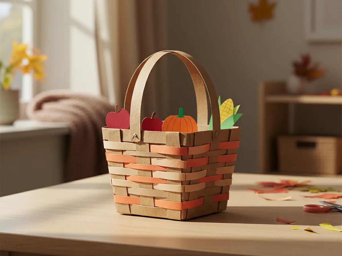 A handmade paper harvest basket with woven brown and orange strips filled with tiny paper fruits and vegetables on a craft table