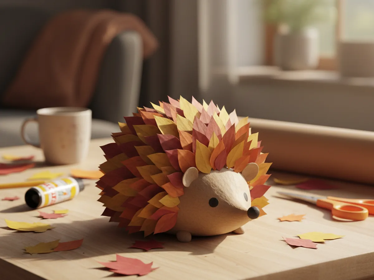 A handmade paper hedgehog craft with a round brown body and colorful autumn paper leaf spines on a craft table