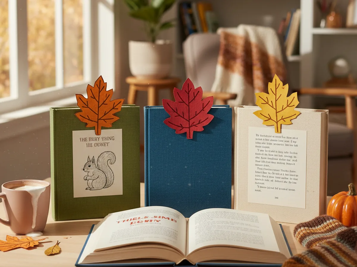 Handmade paper leaf bookmarks in orange, red, and yellow cardstock with drawn veins tucked into open books on a cozy table