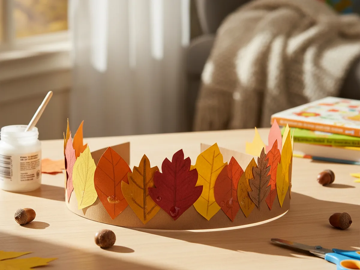A handmade paper leaf crown with colorful orange, red, and yellow paper leaves standing upright along a brown cardstock band