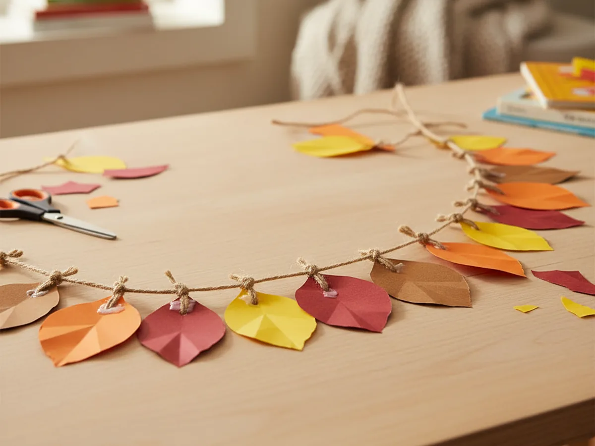 A handmade paper leaf garland with orange, red, yellow, and brown paper leaves threaded onto natural twine and draped across a wooden surface
