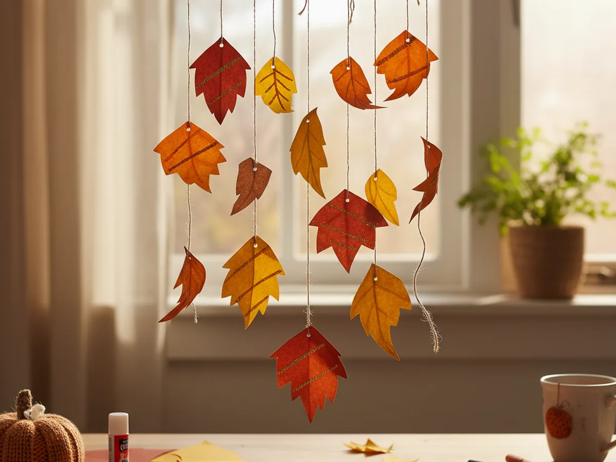 A handmade paper leaf mobile with orange, red, yellow, and brown paper leaves hanging on strings from a small wooden twig near a window