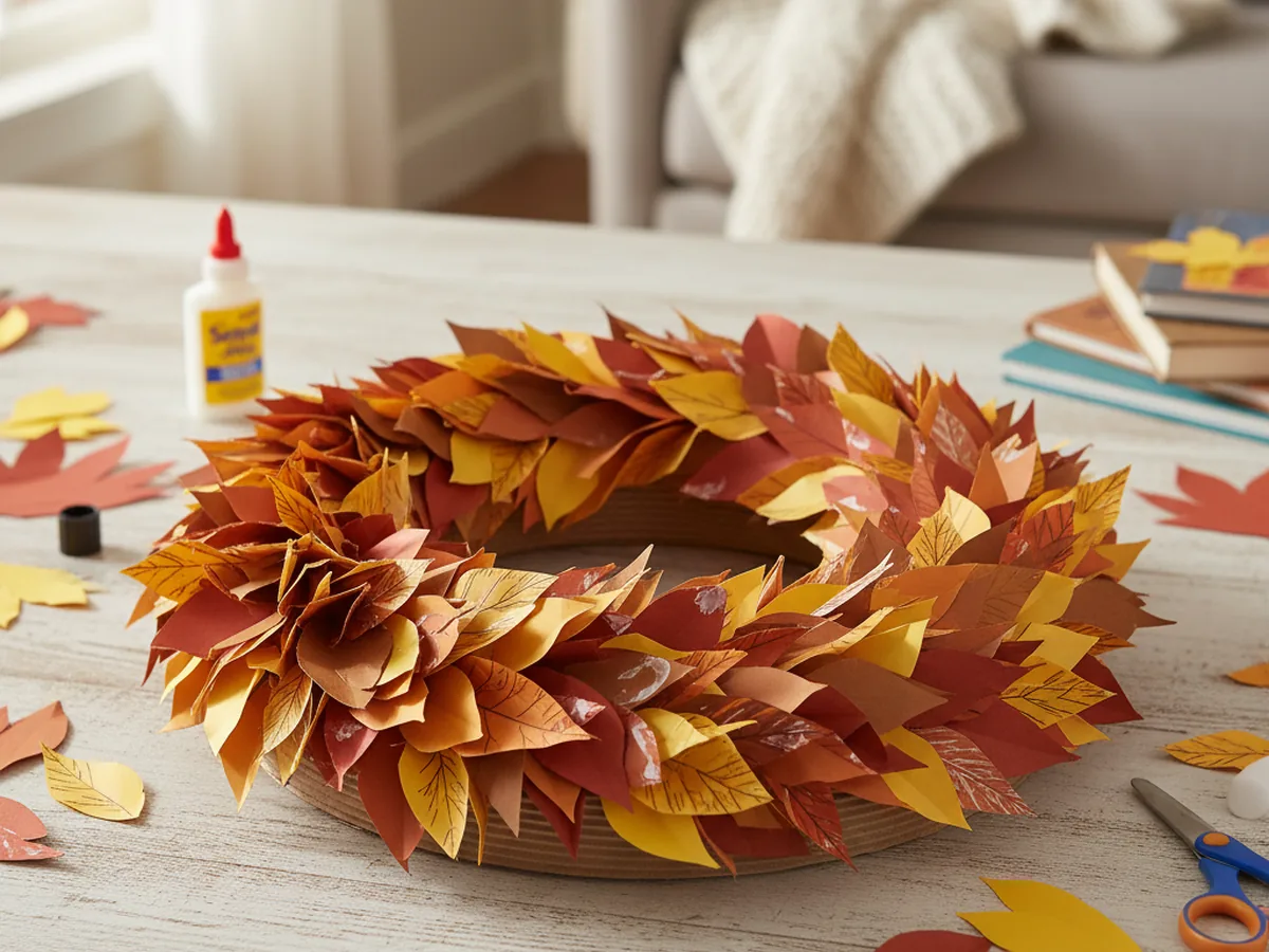 A handmade fall paper leaf wreath made from layered orange, red, yellow, and brown paper leaves glued onto a brown cardstock ring