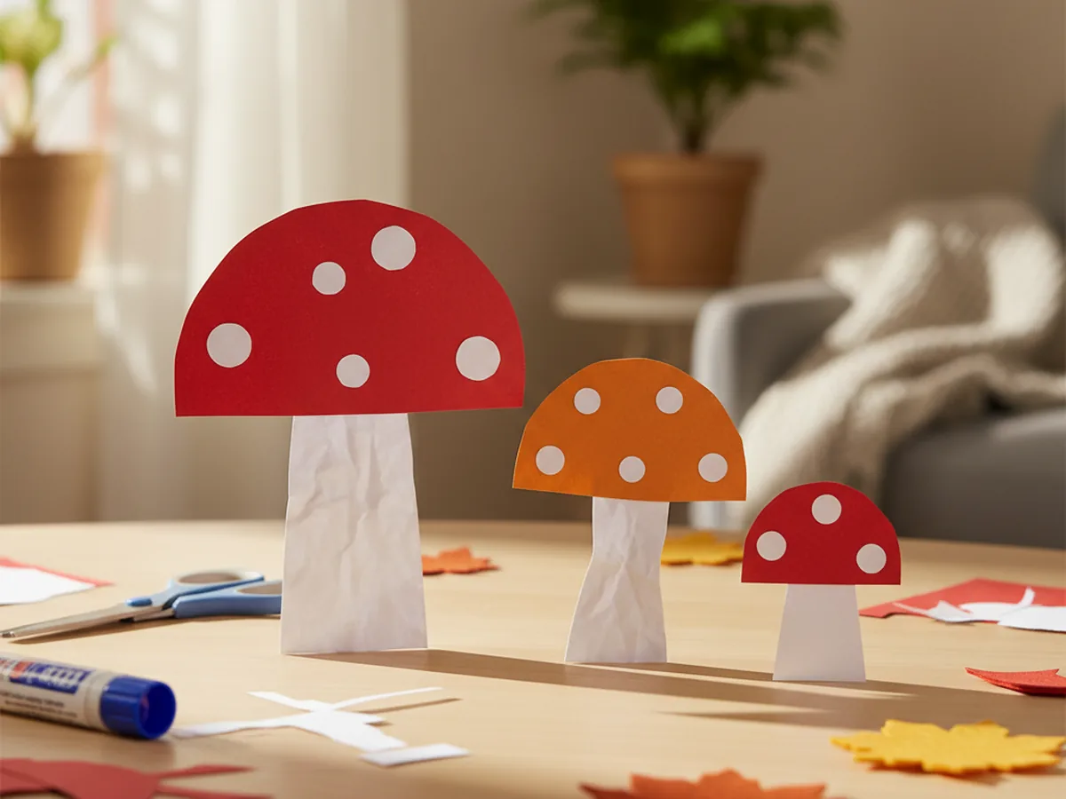 Three handmade paper mushroom crafts with red spotted caps and white stalks in different sizes arranged on a craft table