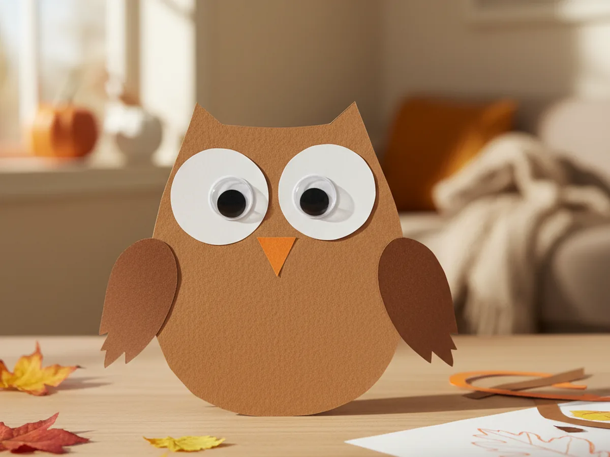 A handmade paper owl craft with a brown oval body, large googly eyes, and an orange triangle beak on a light wood craft table