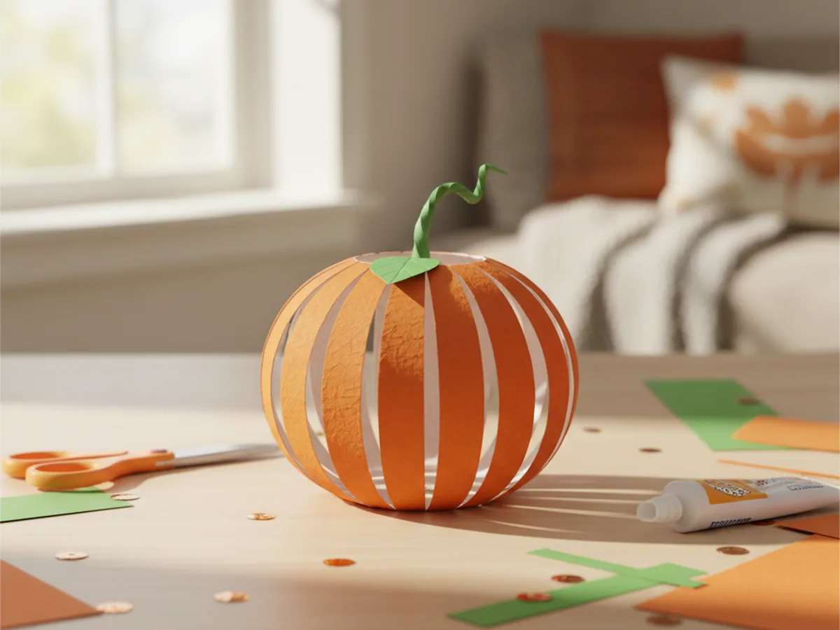 A handmade paper roll pumpkin lantern with fanned orange paper strips forming a round belly, a green stem, and a leaf on a craft table