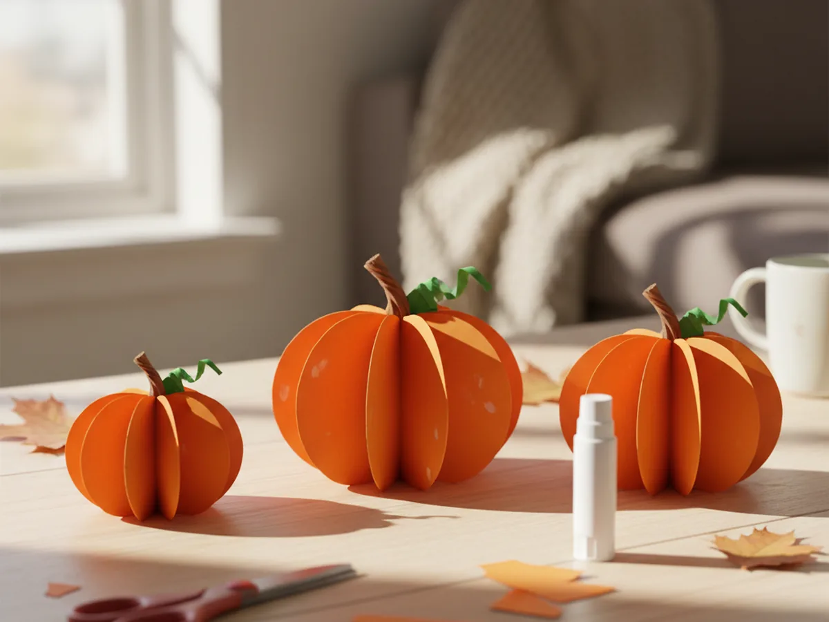 Three handmade paper pumpkins in orange cardstock with brown stems and green paper leaves arranged on a wooden craft table