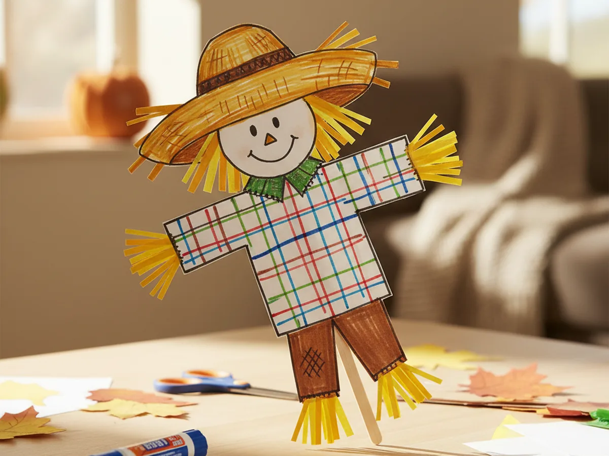 A handmade paper scarecrow craft with a straw hat, plaid shirt, yellow paper fringe details, and a friendly face on a craft table