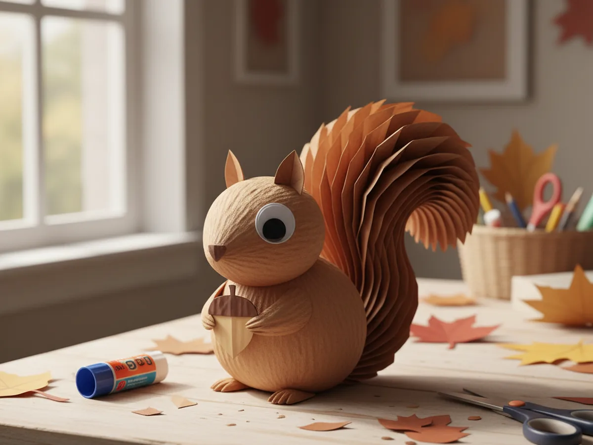 A handmade paper squirrel craft with a round brown body, large fluffy tail, and a small paper acorn on a light wood craft table