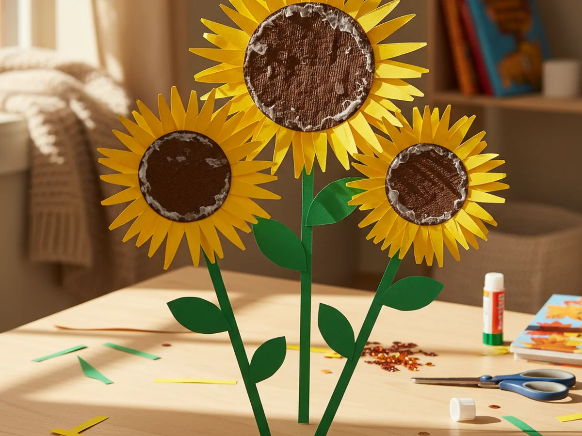 A handmade paper sunflower craft with yellow paper petals, a dark brown center circle, and a green paper stem on a craft table