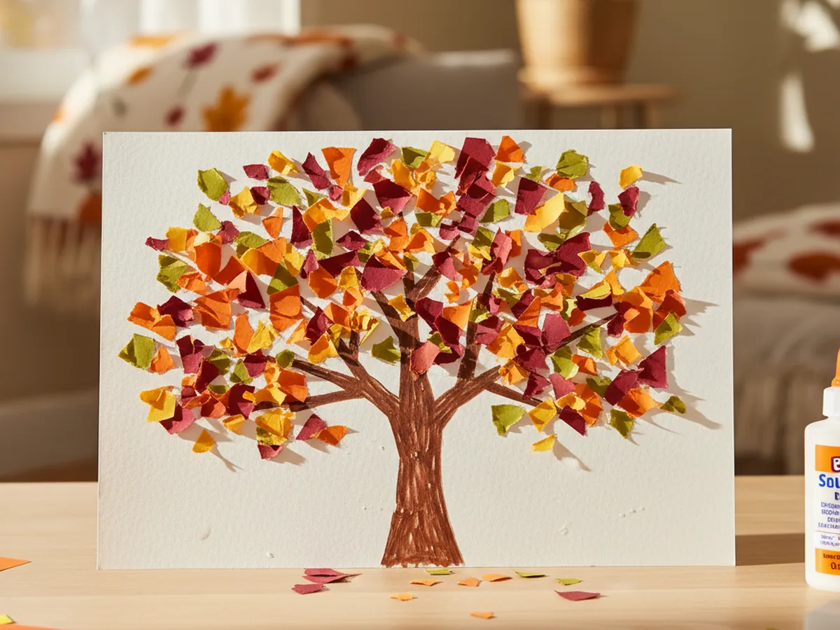 A handmade paper fall tree with a brown trunk and colorful torn paper leaves in orange, red, and yellow glued to a white background