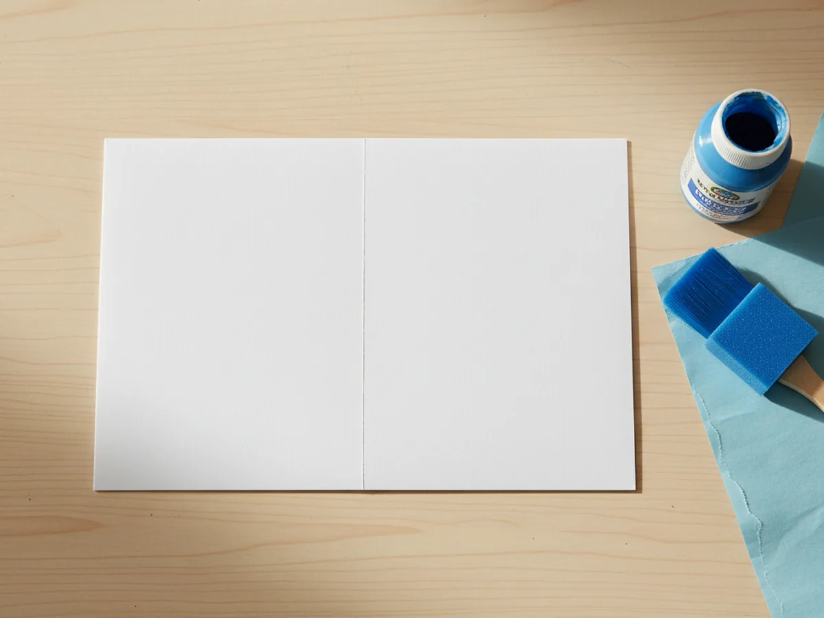 A sheet of white cardstock folded in half into a blank card base on a light wood craft table next to paint and a foam brush