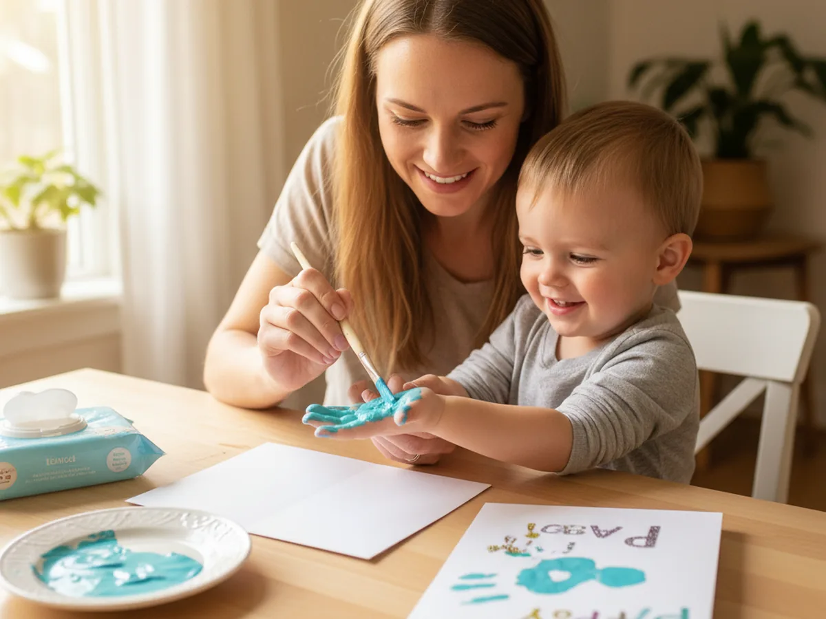 A mom and young child at a craft table painting the child's palm with blue washable paint to make a Father's Day handprint craft card
